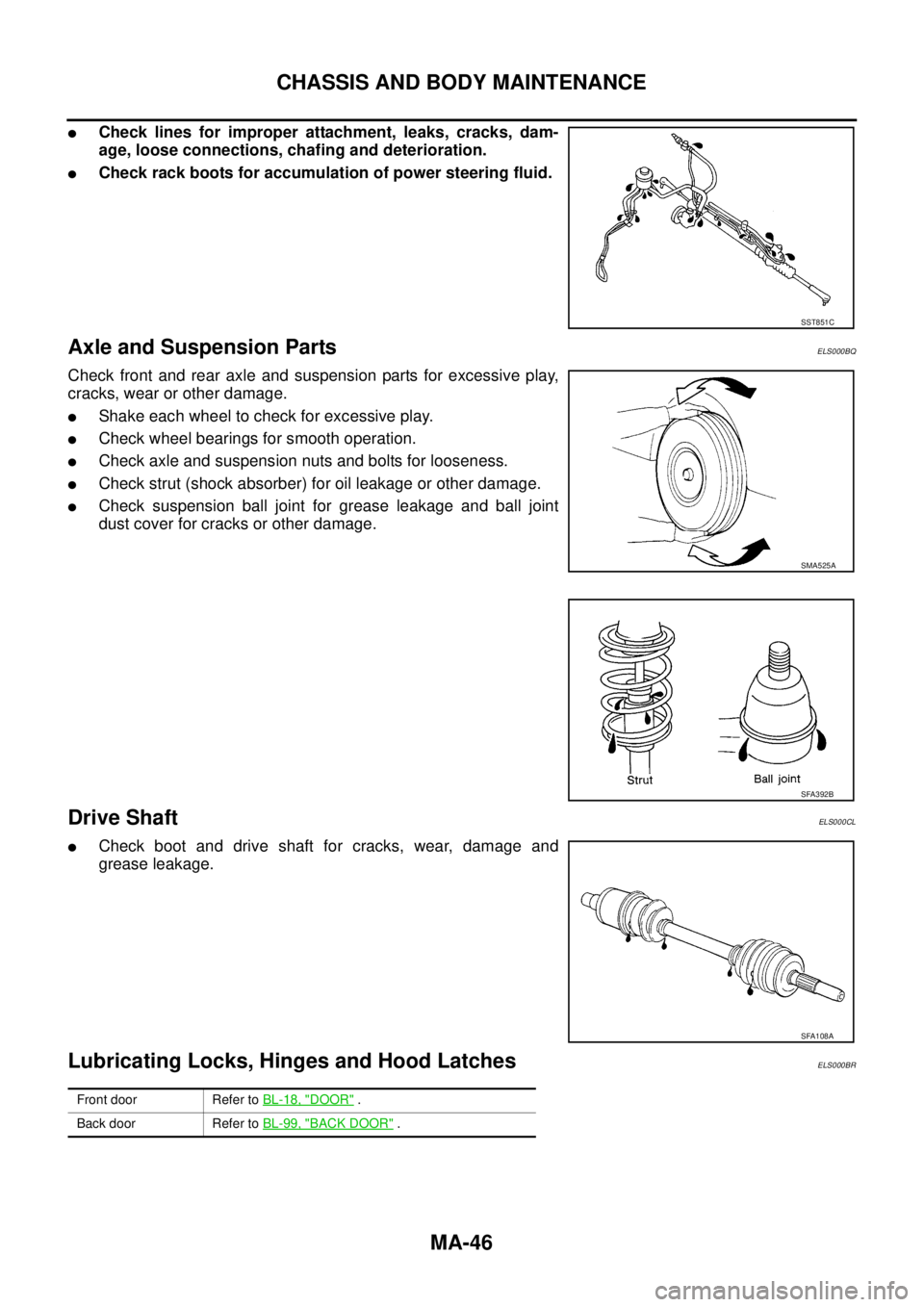NISSAN X-TRAIL 2005  Service Repair Manual MA-46
CHASSIS AND BODY MAINTENANCE
 
Check lines for improper attachment, leaks, cracks, dam-
age, loose connections, chafing and deterioration.
Check rack boots for accumulation of power steering f