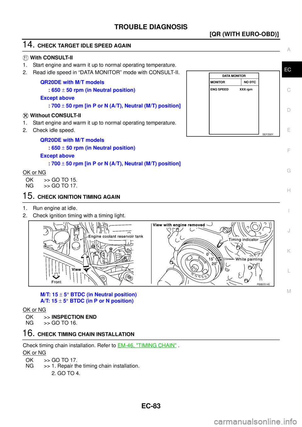 NISSAN X-TRAIL 2005  Service Repair Manual TROUBLE DIAGNOSIS
EC-83
[QR (WITH EURO-OBD)]
C
D
E
F
G
H
I
J
K
L
MA
EC
 
14. CHECK TARGET IDLE SPEED AGAIN
 With CONSULT-II
1. Start engine and warm it up to normal operating temperature.
2. Read idle