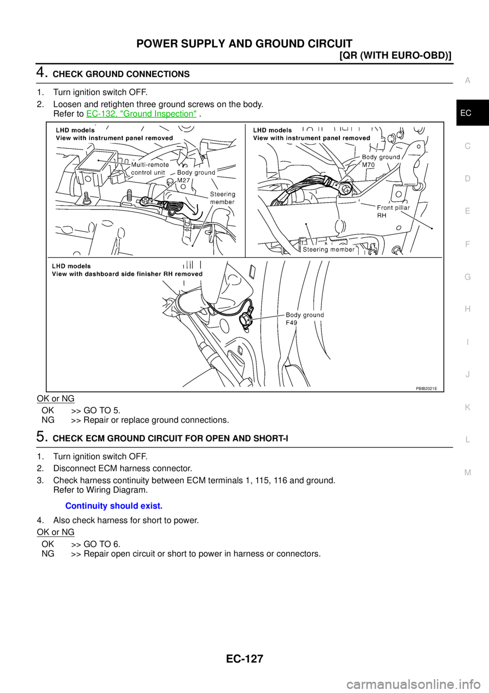 NISSAN X-TRAIL 2005  Service Repair Manual POWER SUPPLY AND GROUND CIRCUIT
EC-127
[QR (WITH EURO-OBD)]
C
D
E
F
G
H
I
J
K
L
MA
EC
 
4. CHECK GROUND CONNECTIONS
1. Turn ignition switch OFF.
2. Loosen and retighten three ground screws on the body