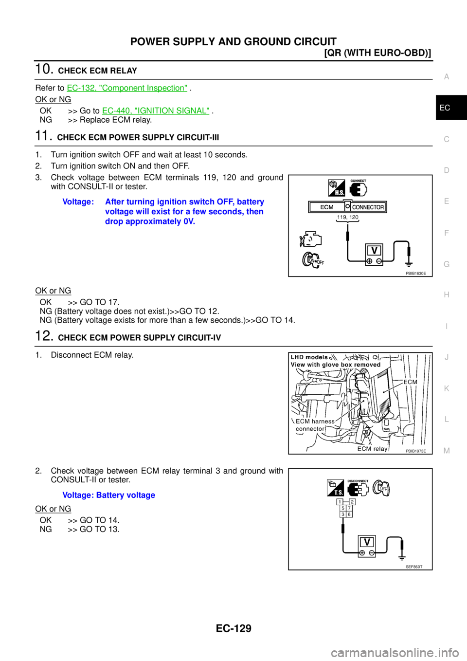 NISSAN X-TRAIL 2005  Service Repair Manual POWER SUPPLY AND GROUND CIRCUIT
EC-129
[QR (WITH EURO-OBD)]
C
D
E
F
G
H
I
J
K
L
MA
EC
 
10. CHECK ECM RELAY
Refer to EC-132, "
Component Inspection" .
OK or NG
OK >> Go to EC-440, "IGNITION SIGNAL" .
