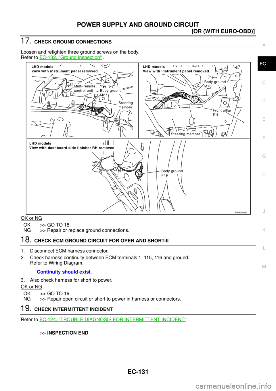 NISSAN X-TRAIL 2005  Service Repair Manual POWER SUPPLY AND GROUND CIRCUIT
EC-131
[QR (WITH EURO-OBD)]
C
D
E
F
G
H
I
J
K
L
MA
EC
 
17. CHECK GROUND CONNECTIONS
Loosen and retighten three ground screws on the body.
Refer to EC-132, "
Ground Ins