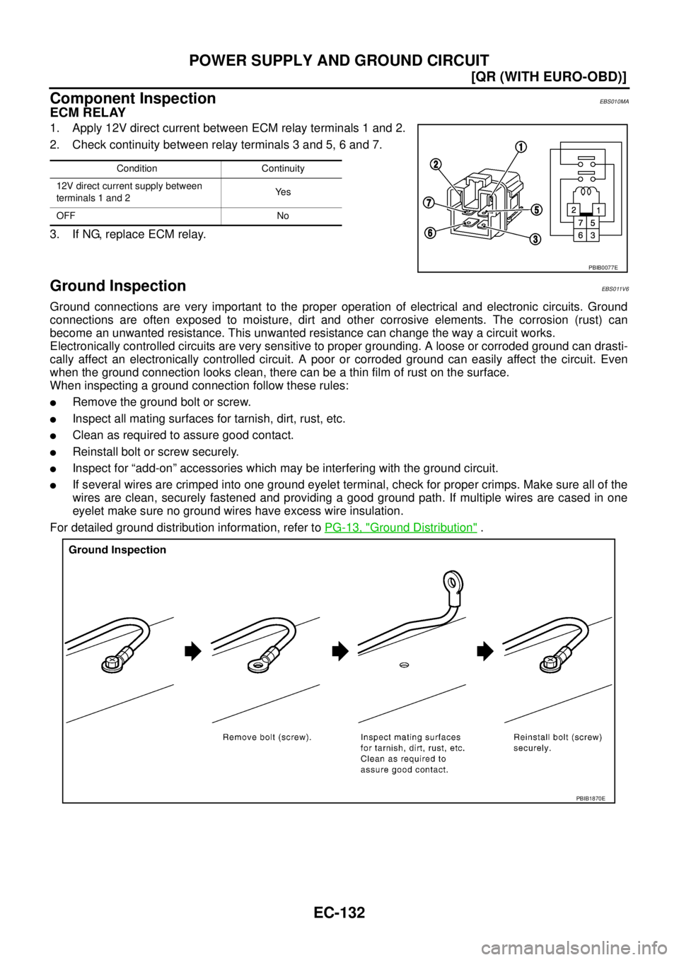 NISSAN X-TRAIL 2005  Service Repair Manual EC-132
[QR (WITH EURO-OBD)]
POWER SUPPLY AND GROUND CIRCUIT
 
Component InspectionEBS010MA
ECM RELAY
1. Apply 12V direct current between ECM relay terminals 1 and 2.
2. Check continuity between relay 