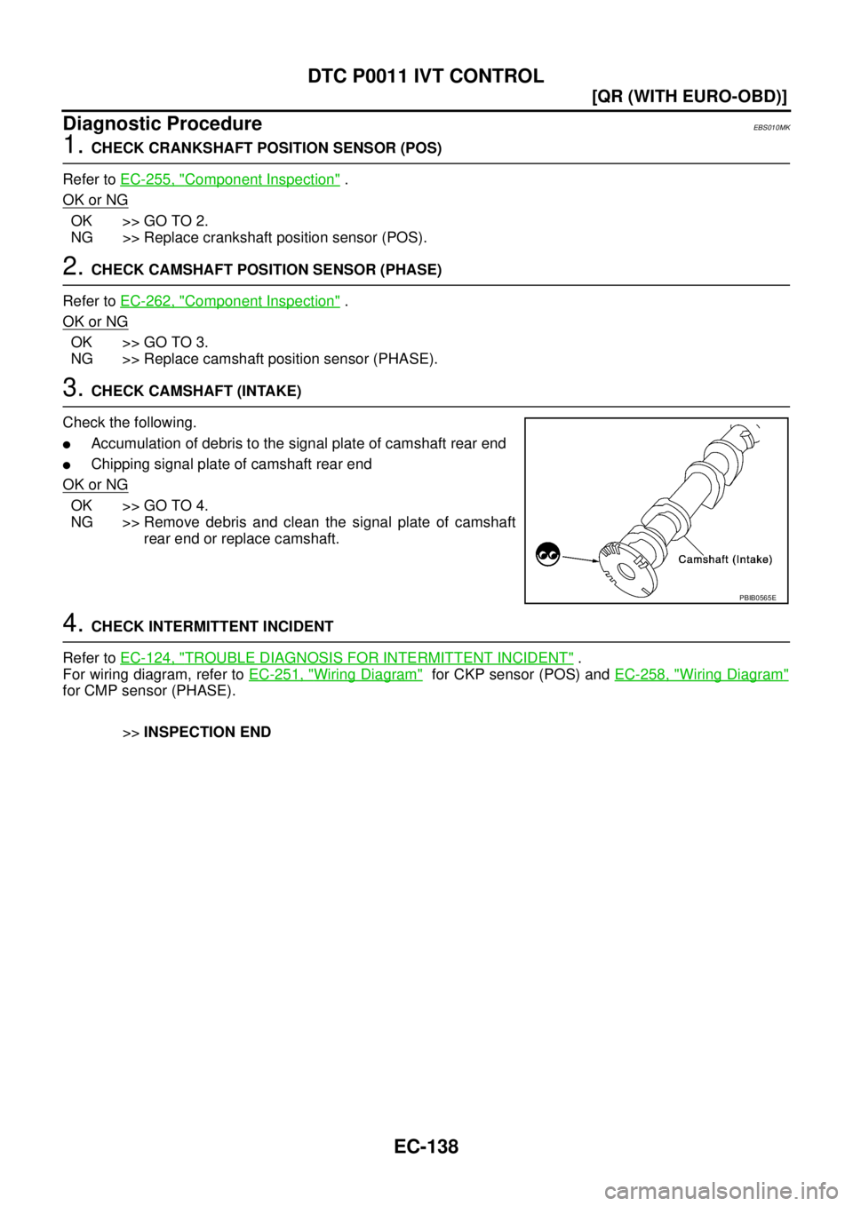 NISSAN X-TRAIL 2005  Service Repair Manual EC-138
[QR (WITH EURO-OBD)]
DTC P0011 IVT CONTROL
 
Diagnostic ProcedureEBS010MK
1. CHECK CRANKSHAFT POSITION SENSOR (POS)
Refer to EC-255, "
Component Inspection" .
OK or NG
OK >> GO TO 2.
NG >> Repl