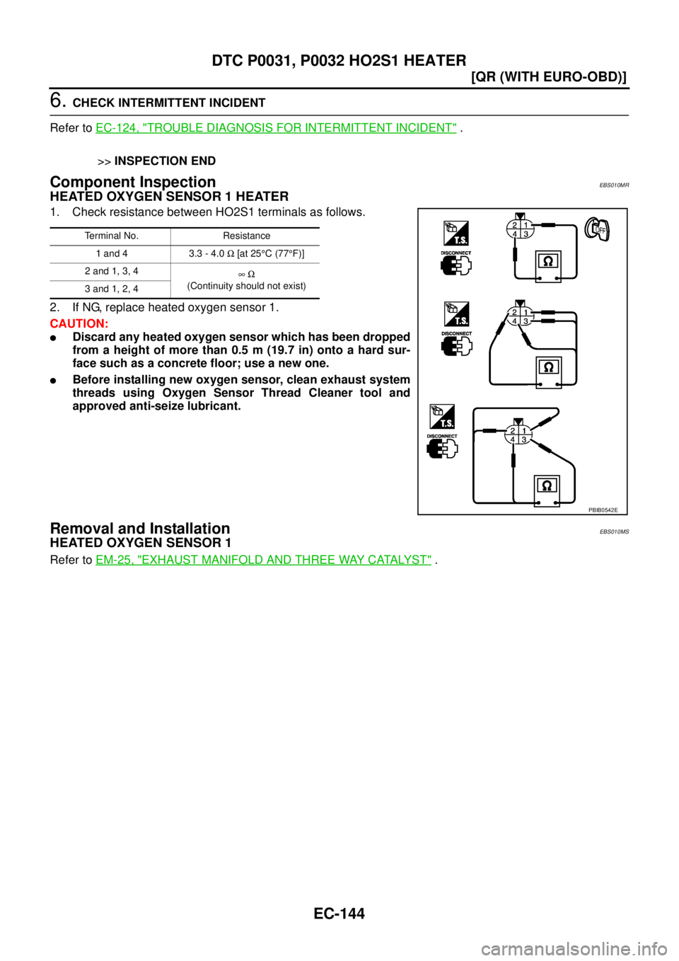 NISSAN X-TRAIL 2005  Service Repair Manual EC-144
[QR (WITH EURO-OBD)]
DTC P0031, P0032 HO2S1 HEATER
 
6. CHECK INTERMITTENT INCIDENT
Refer to EC-124, "
TROUBLE DIAGNOSIS FOR INTERMITTENT INCIDENT" .
>>INSPECTION END
Component InspectionEBS010