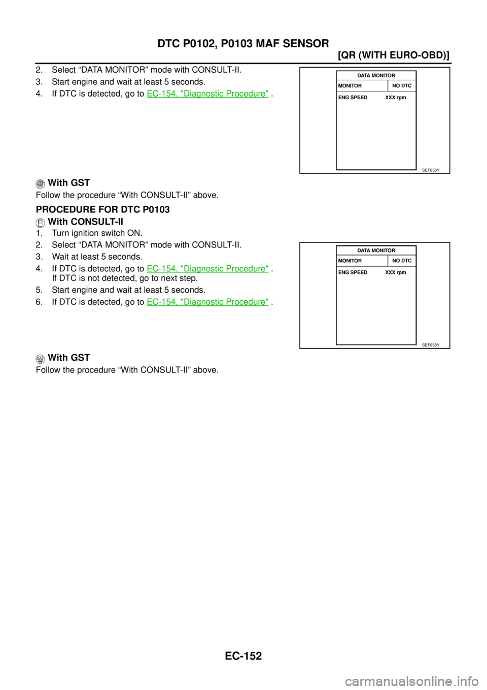 NISSAN X-TRAIL 2005  Service Repair Manual EC-152
[QR (WITH EURO-OBD)]
DTC P0102, P0103 MAF SENSOR
 
2. Select “DATA MONITOR” mode with CONSULT-II.
3. Start engine and wait at least 5 seconds.
4. If DTC is detected, go to EC-154, "
Diagnos