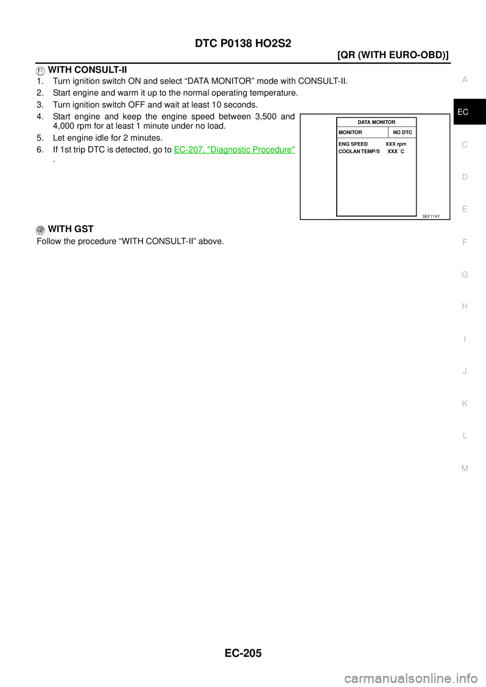 NISSAN X-TRAIL 2005  Service Repair Manual DTC P0138 HO2S2
EC-205
[QR (WITH EURO-OBD)]
C
D
E
F
G
H
I
J
K
L
MA
EC
 
 WITH CONSULT-II
1. Turn ignition switch ON and select “DATA MONITOR” mode with CONSULT-II.
2. Start engine and warm it up t