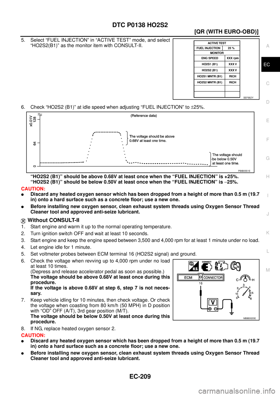 NISSAN X-TRAIL 2005  Service Repair Manual DTC P0138 HO2S2
EC-209
[QR (WITH EURO-OBD)]
C
D
E
F
G
H
I
J
K
L
MA
EC
 
5. Select “FUEL INJECTION” in “ACTIVE TEST” mode, and select
“HO2S2(B1)” as the monitor item with CONSULT-II.
6. Che