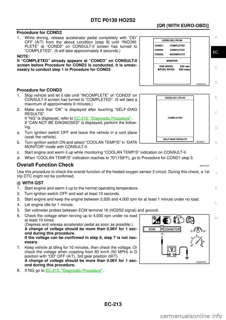 NISSAN X-TRAIL 2005  Service Repair Manual DTC P0139 HO2S2
EC-213
[QR (WITH EURO-OBD)]
C
D
E
F
G
H
I
J
K
L
MA
EC
 
Procedure for COND2
1. While driving, release accelerator pedal completely with “OD”
OFF (A/T) from the above condition [ste