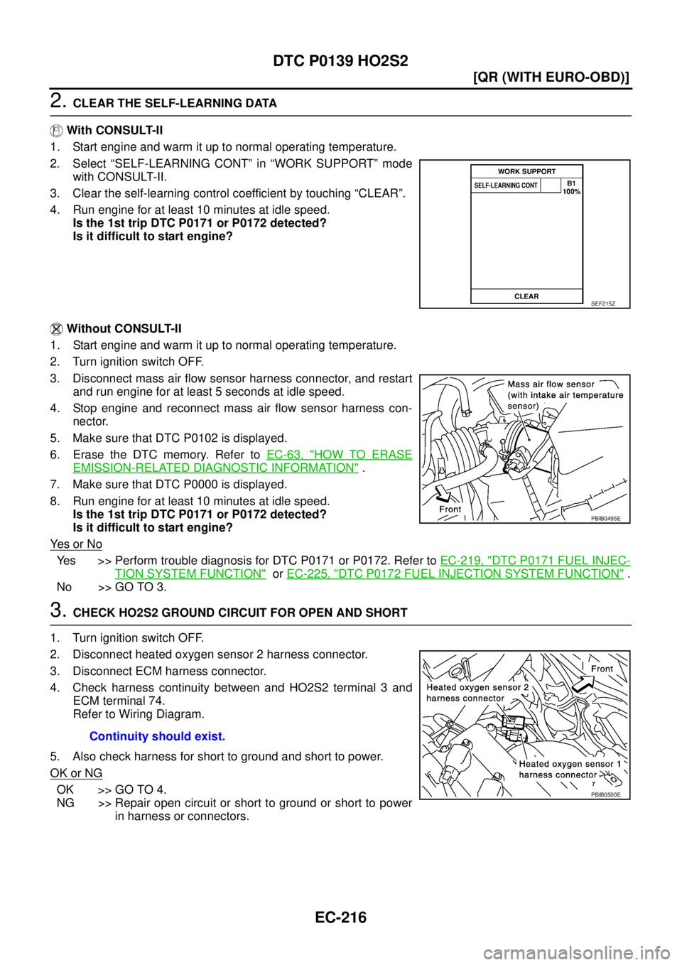 NISSAN X-TRAIL 2005  Service Repair Manual EC-216
[QR (WITH EURO-OBD)]
DTC P0139 HO2S2
 
2. CLEAR THE SELF-LEARNING DATA
 With CONSULT-II
1. Start engine and warm it up to normal operating temperature.
2. Select “SELF-LEARNING CONT” in “