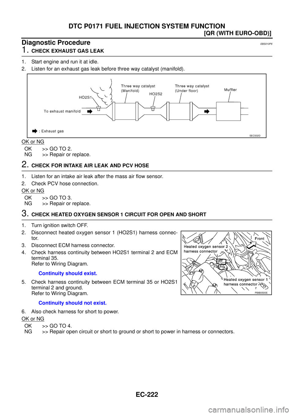 NISSAN X-TRAIL 2005  Service Repair Manual EC-222
[QR (WITH EURO-OBD)]
DTC P0171 FUEL INJECTION SYSTEM FUNCTION
 
Diagnostic ProcedureEBS010P6
1. CHECK EXHAUST GAS LEAK
1. Start engine and run it at idle.
2. Listen for an exhaust gas leak befo