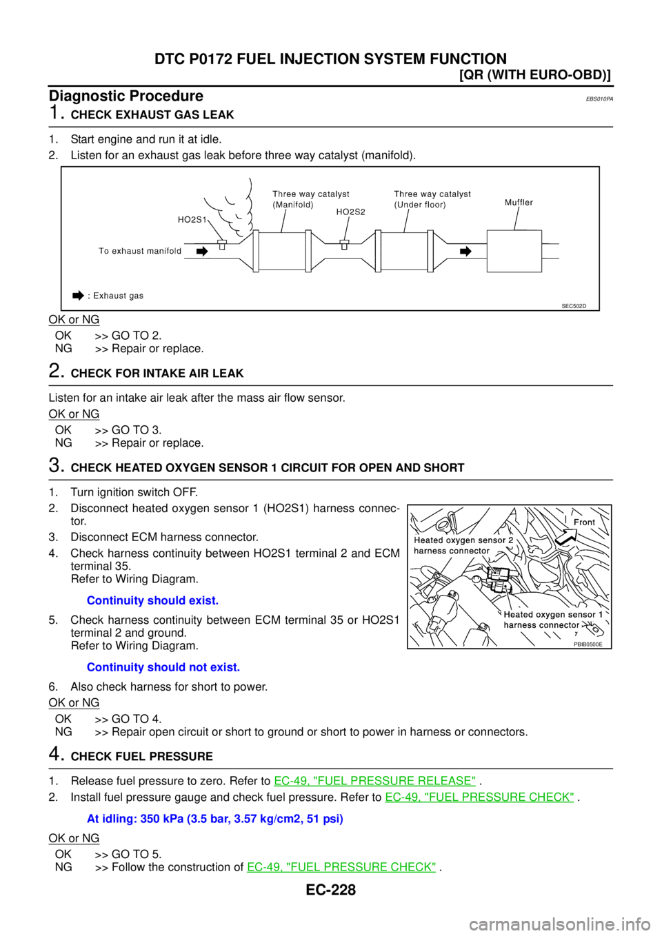 NISSAN X-TRAIL 2005  Service Repair Manual EC-228
[QR (WITH EURO-OBD)]
DTC P0172 FUEL INJECTION SYSTEM FUNCTION
 
Diagnostic ProcedureEBS010PA
1. CHECK EXHAUST GAS LEAK
1. Start engine and run it at idle.
2. Listen for an exhaust gas leak befo