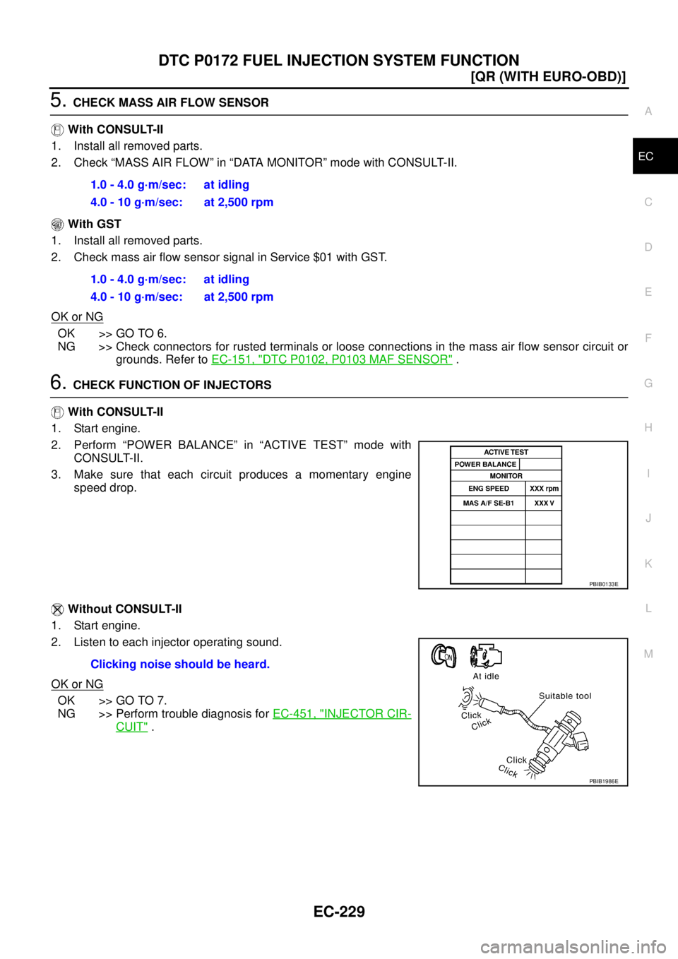 NISSAN X-TRAIL 2005  Service Repair Manual DTC P0172 FUEL INJECTION SYSTEM FUNCTION
EC-229
[QR (WITH EURO-OBD)]
C
D
E
F
G
H
I
J
K
L
MA
EC
 
5. CHECK MASS AIR FLOW SENSOR
 With CONSULT-II
1. Install all removed parts.
2. Check “MASS AIR FLOW