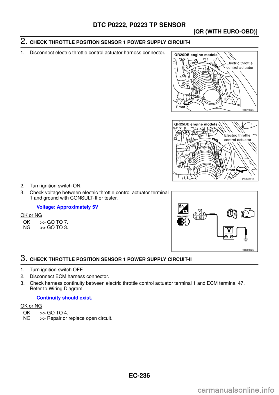 NISSAN X-TRAIL 2005  Service Repair Manual EC-236
[QR (WITH EURO-OBD)]
DTC P0222, P0223 TP SENSOR
 
2. CHECK THROTTLE POSITION SENSOR 1 POWER SUPPLY CIRCUIT-I
1. Disconnect electric throttle control actuator harness connector.
2. Turn ignition