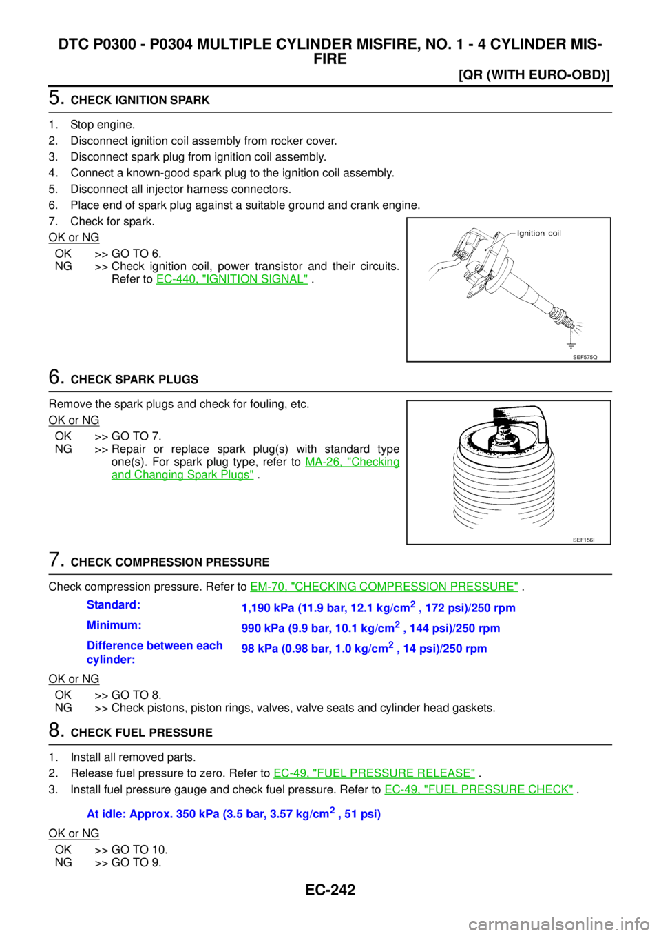 NISSAN X-TRAIL 2005  Service Repair Manual EC-242
[QR (WITH EURO-OBD)]
DTC P0300 - P0304 MULTIPLE CYLINDER MISFIRE, NO. 1 - 4 CYLINDER MIS-
FIRE
 
5. CHECK IGNITION SPARK
1. Stop engine.
2. Disconnect ignition coil assembly from rocker cover.
