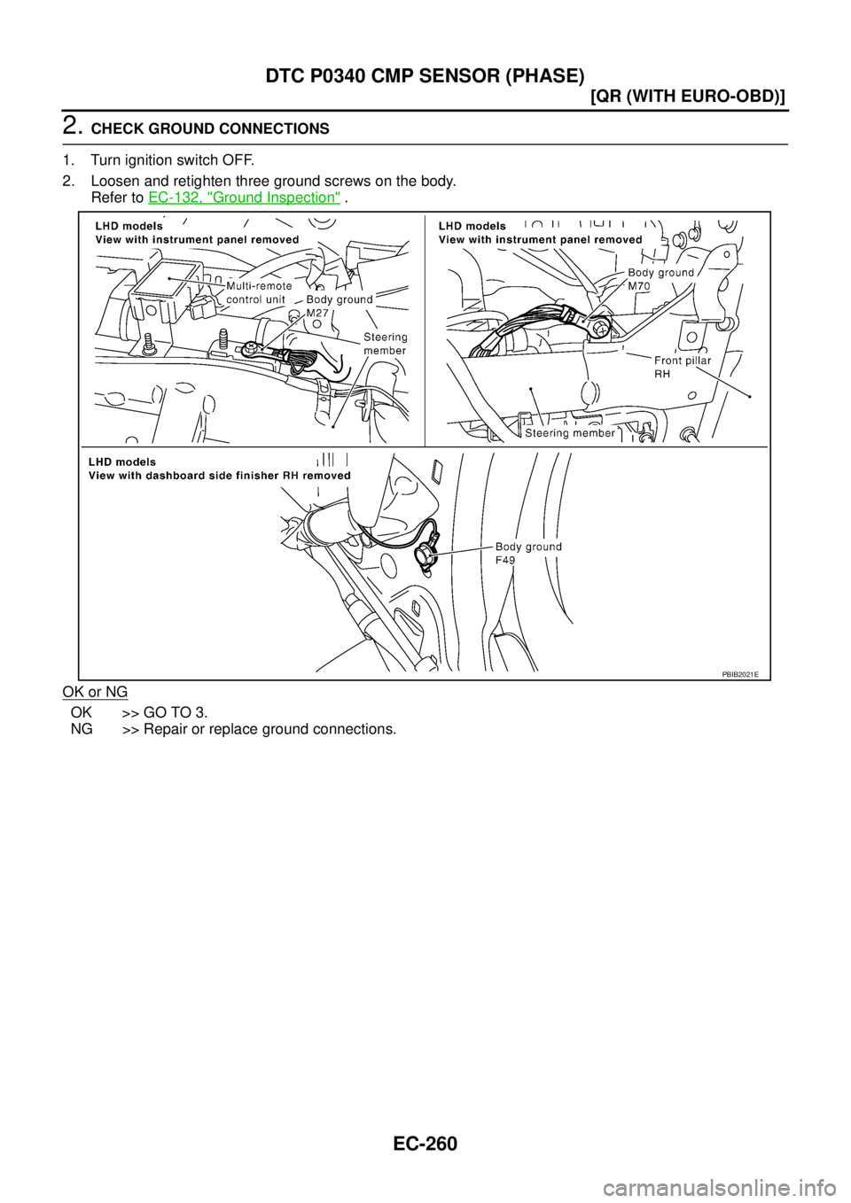 NISSAN X-TRAIL 2005  Service Repair Manual EC-260
[QR (WITH EURO-OBD)]
DTC P0340 CMP SENSOR (PHASE)
 
2. CHECK GROUND CONNECTIONS
1. Turn ignition switch OFF.
2. Loosen and retighten three ground screws on the body.
Refer to EC-132, "
Ground I