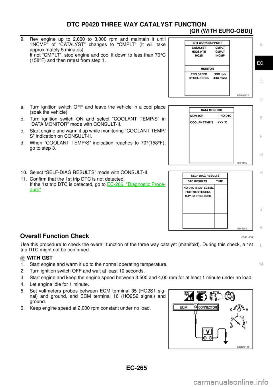 NISSAN X-TRAIL 2005  Service Repair Manual DTC P0420 THREE WAY CATALYST FUNCTION
EC-265
[QR (WITH EURO-OBD)]
C
D
E
F
G
H
I
J
K
L
MA
EC
 
9. Rev engine up to 2,000 to 3,000 rpm and maintain it until
“INCMP” of “CATALYST” changes to “C