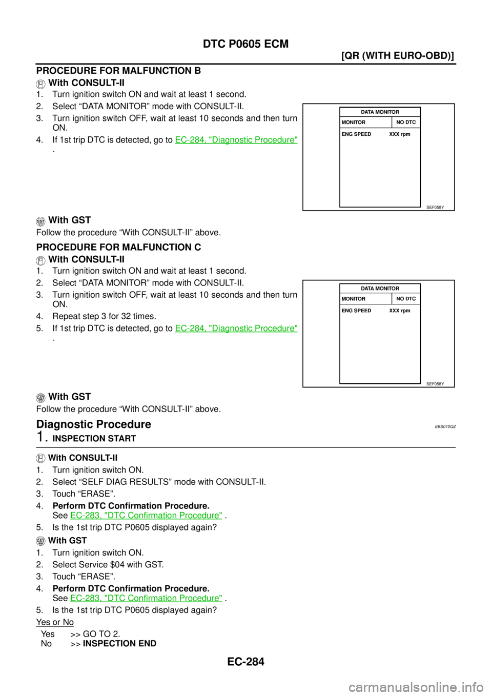 NISSAN X-TRAIL 2005  Service Repair Manual EC-284
[QR (WITH EURO-OBD)]
DTC P0605 ECM
 
PROCEDURE FOR MALFUNCTION B
 With CONSULT-II
1. Turn ignition switch ON and wait at least 1 second.
2. Select “DATA MONITOR” mode with CONSULT-II.
3. Tu