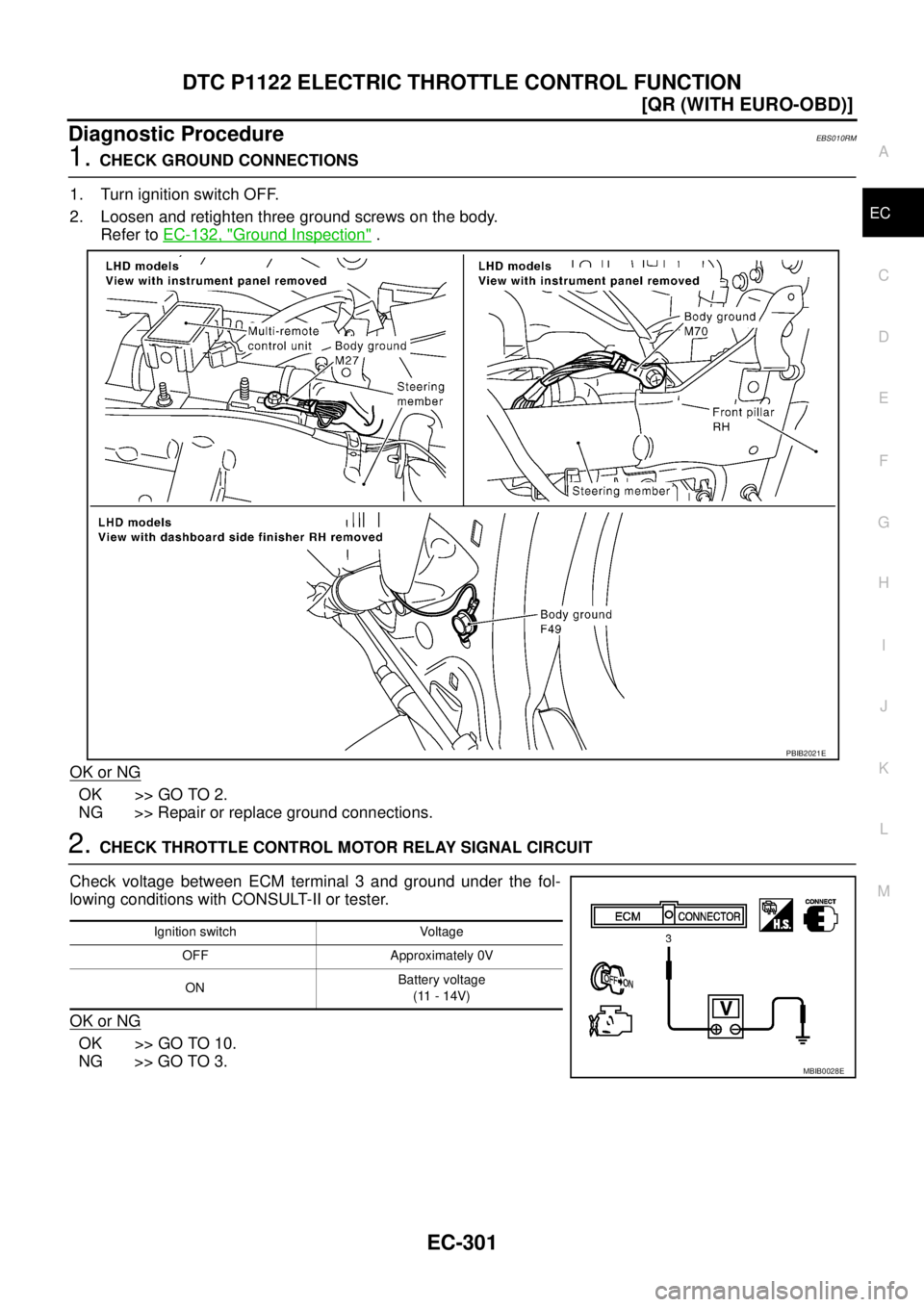 NISSAN X-TRAIL 2005  Service Repair Manual DTC P1122 ELECTRIC THROTTLE CONTROL FUNCTION
EC-301
[QR (WITH EURO-OBD)]
C
D
E
F
G
H
I
J
K
L
MA
EC
 
Diagnostic ProcedureEBS010RM
1. CHECK GROUND CONNECTIONS
1. Turn ignition switch OFF.
2. Loosen and