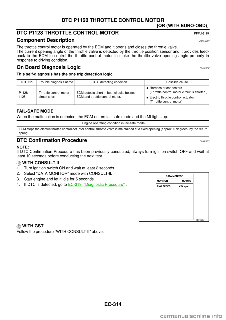 NISSAN X-TRAIL 2005  Service Repair Manual EC-314
[QR (WITH EURO-OBD)]
DTC P1128 THROTTLE CONTROL MOTOR
 
DTC P1128 THROTTLE CONTROL MOTORPFP:16119
Component DescriptionEBS010RW
The throttle control motor is operated by the ECM and it opens an
