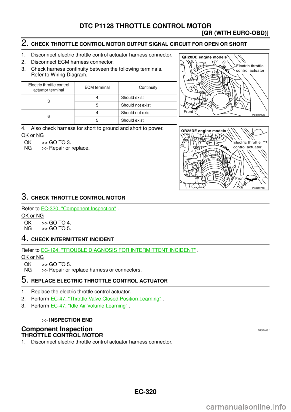 NISSAN X-TRAIL 2005  Service Repair Manual EC-320
[QR (WITH EURO-OBD)]
DTC P1128 THROTTLE CONTROL MOTOR
 
2. CHECK THROTTLE CONTROL MOTOR OUTPUT SIGNAL CIRCUIT FOR OPEN OR SHORT
1. Disconnect electric throttle control actuator harness connecto