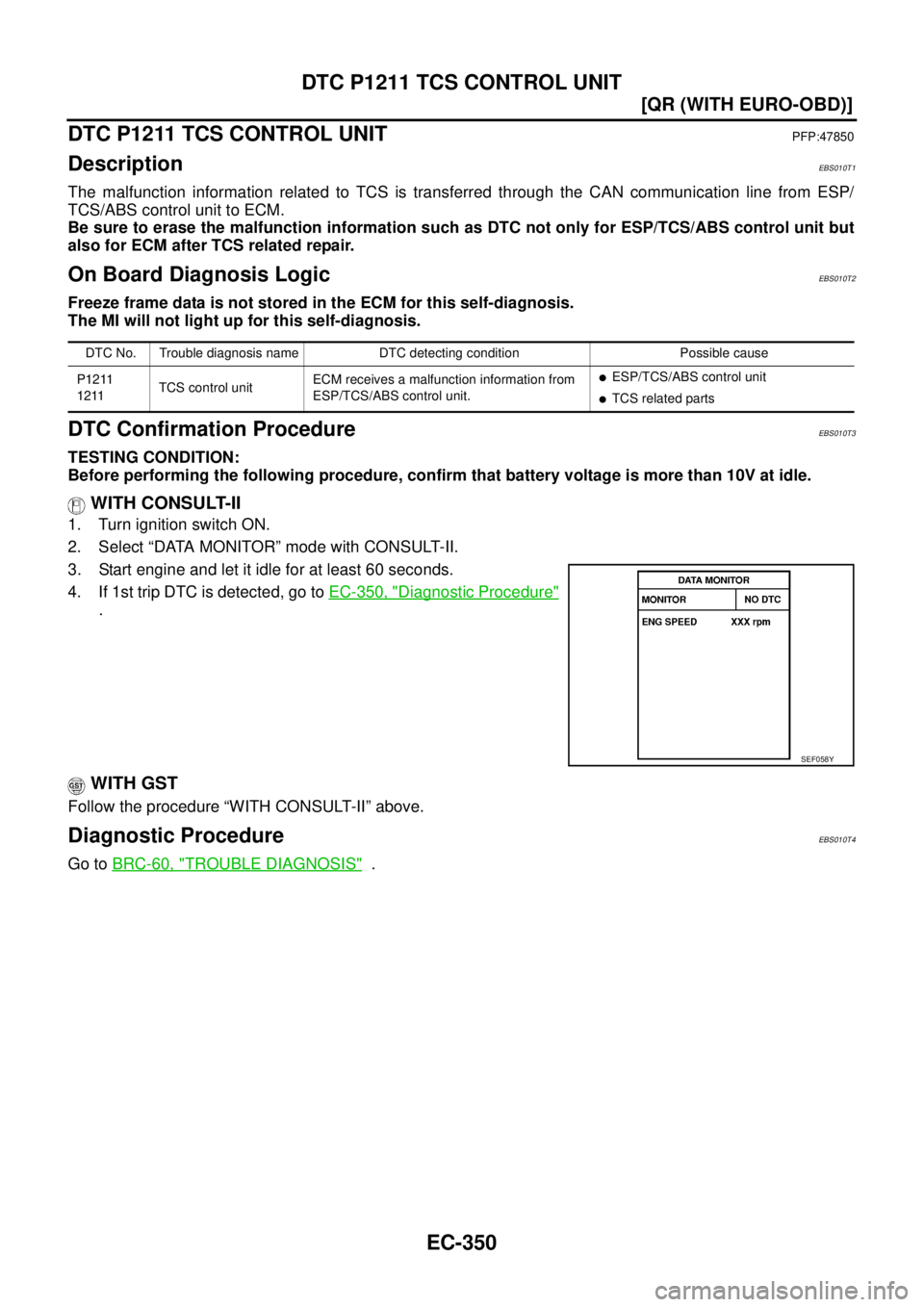NISSAN X-TRAIL 2005  Service Repair Manual EC-350
[QR (WITH EURO-OBD)]
DTC P1211 TCS CONTROL UNIT
 
DTC P1211 TCS CONTROL UNITPFP:47850
DescriptionEBS010T1
The malfunction information related to TCS is transferred through the CAN communication
