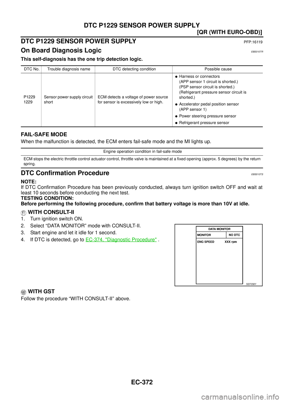 NISSAN X-TRAIL 2005  Service Repair Manual EC-372
[QR (WITH EURO-OBD)]
DTC P1229 SENSOR POWER SUPPLY
 
DTC P1229 SENSOR POWER SUPPLYPFP:16119
On Board Diagnosis LogicEBS010TR
This self-diagnosis has the one trip detection logic.
FAIL-SAFE MODE