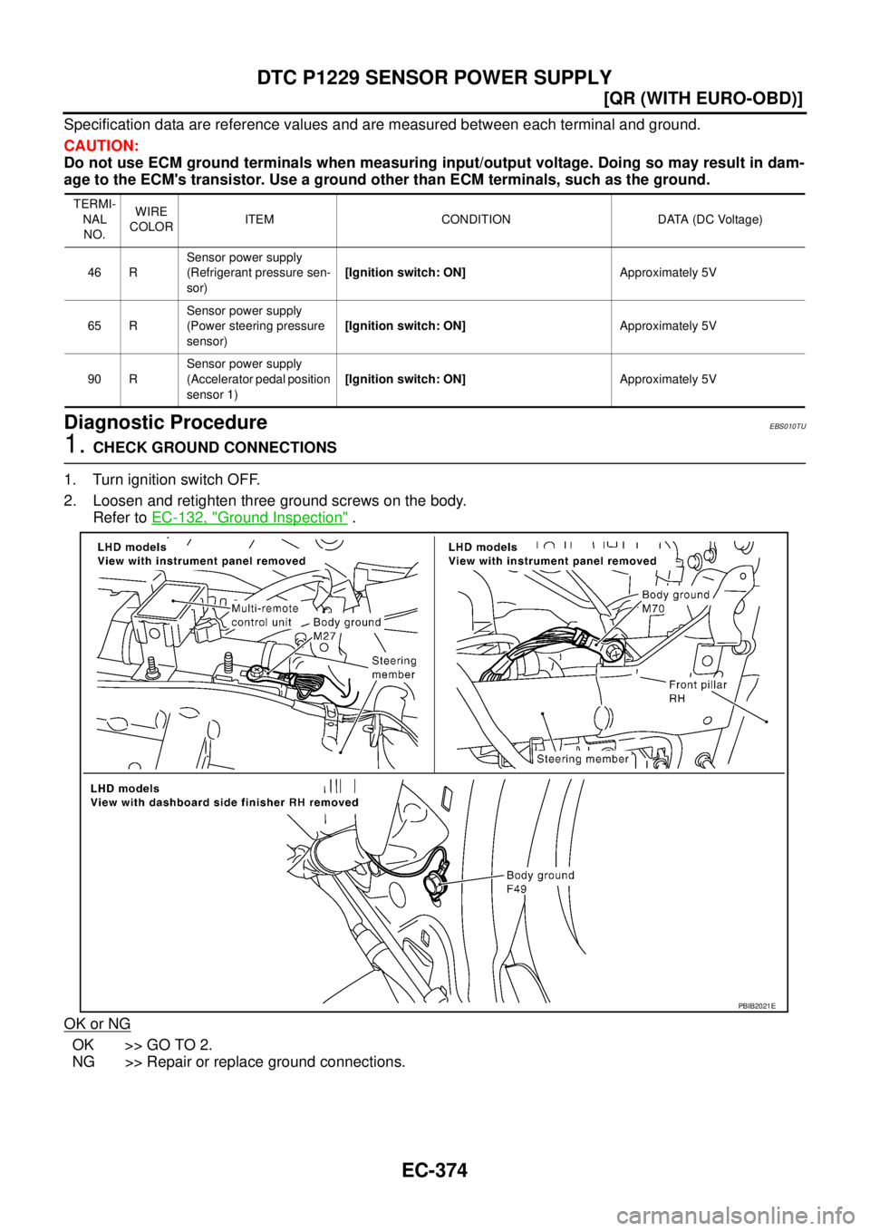 NISSAN X-TRAIL 2005  Service Repair Manual EC-374
[QR (WITH EURO-OBD)]
DTC P1229 SENSOR POWER SUPPLY
 
Specification data are reference values and are measured between each terminal and ground.
CAUTION:
Do not use ECM ground terminals when mea