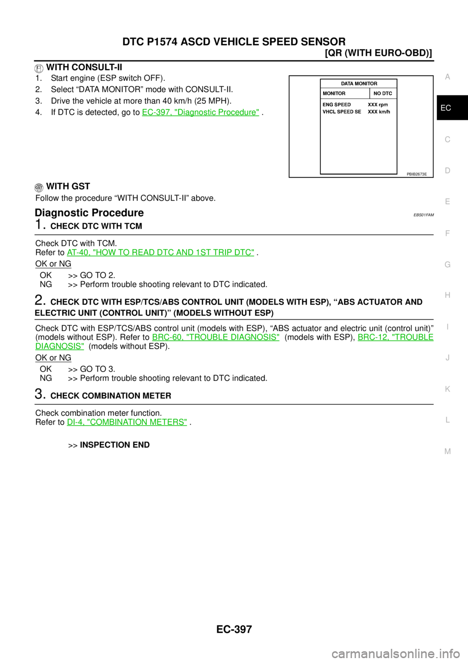 NISSAN X-TRAIL 2005  Service Repair Manual DTC P1574 ASCD VEHICLE SPEED SENSOR
EC-397
[QR (WITH EURO-OBD)]
C
D
E
F
G
H
I
J
K
L
MA
EC
 
 WITH CONSULT-II
1. Start engine (ESP switch OFF).
2. Select “DATA MONITOR” mode with CONSULT-II.
3. Dri