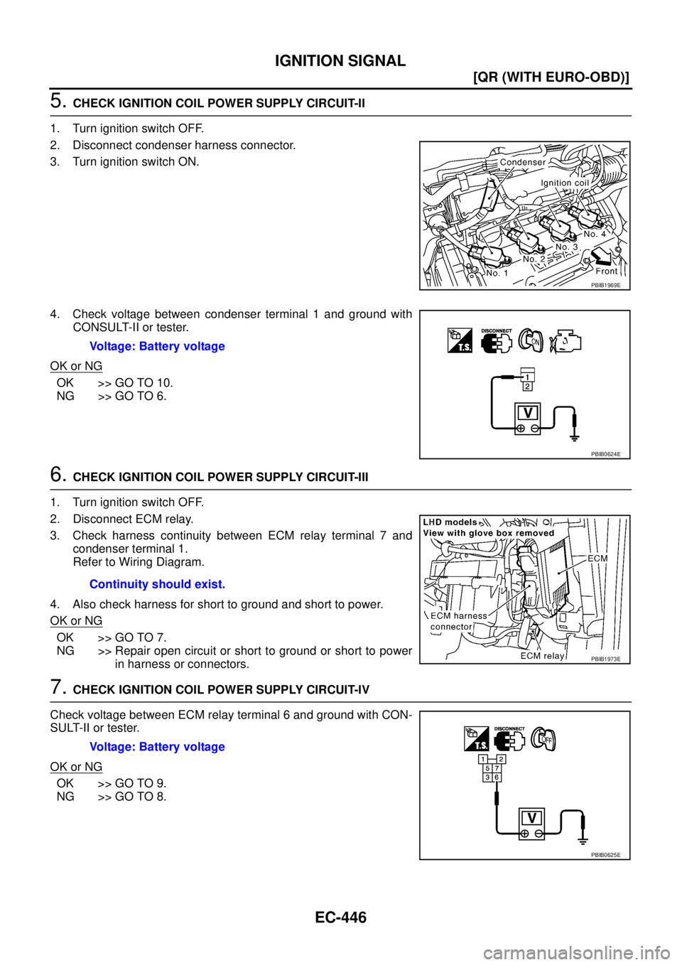 NISSAN X-TRAIL 2005  Service Repair Manual EC-446
[QR (WITH EURO-OBD)]
IGNITION SIGNAL
 
5. CHECK IGNITION COIL POWER SUPPLY CIRCUIT-II
1. Turn ignition switch OFF. 
2. Disconnect condenser harness connector.
3. Turn ignition switch ON. 
4. Ch