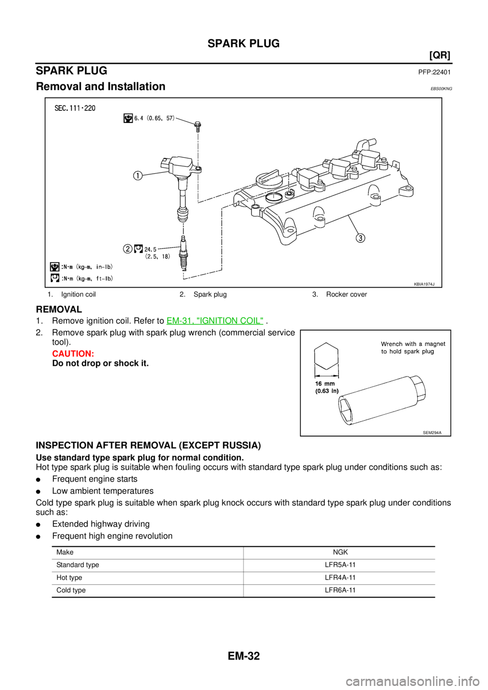 NISSAN X-TRAIL 2005  Service Manual Online EM-32
[QR]
SPARK PLUG
 
SPARK PLUG PFP:22401
Removal and InstallationEBS00KNG
REMOVAL
1. Remove ignition coil. Refer to EM-31, "IGNITION COIL" .
2. Remove spark plug with spark plug wrench (commercial