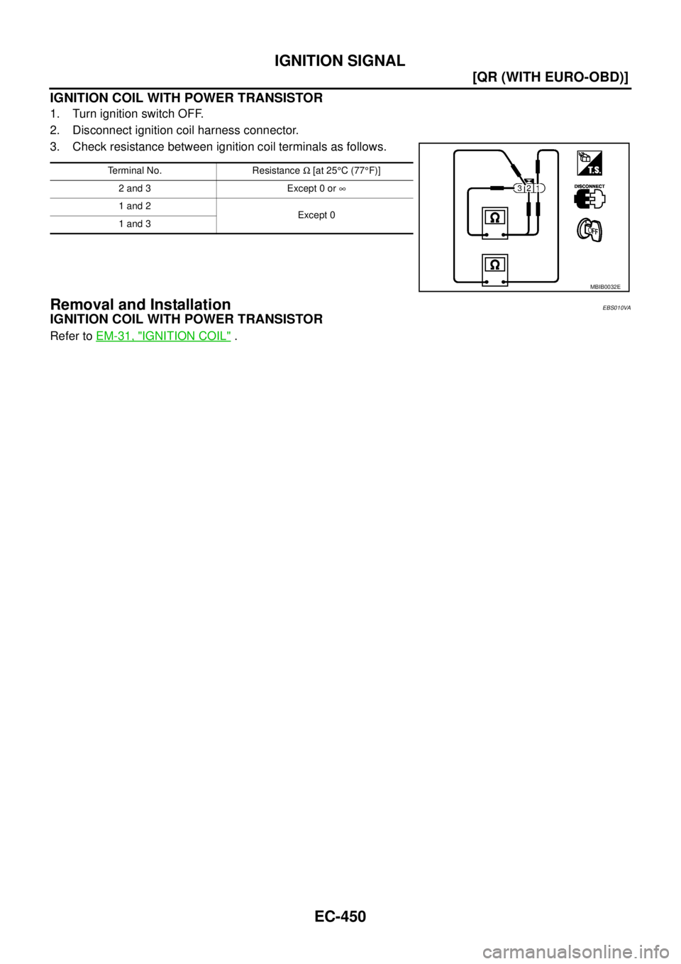 NISSAN X-TRAIL 2005  Service Repair Manual EC-450
[QR (WITH EURO-OBD)]
IGNITION SIGNAL
 
IGNITION COIL WITH POWER TRANSISTOR
1. Turn ignition switch OFF.
2. Disconnect ignition coil harness connector.
3. Check resistance between ignition coil 