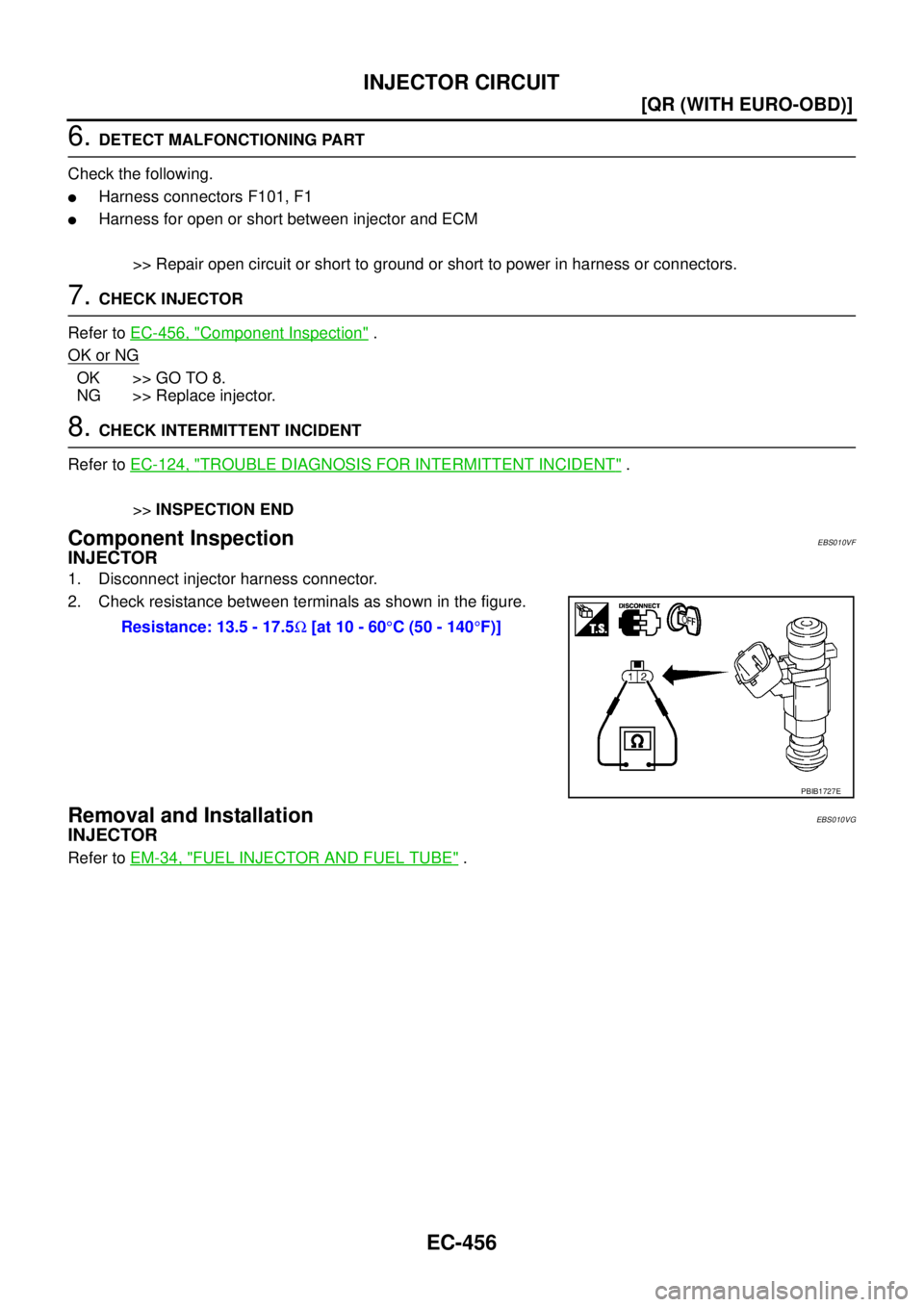 NISSAN X-TRAIL 2005  Service Repair Manual EC-456
[QR (WITH EURO-OBD)]
INJECTOR CIRCUIT
 
6. DETECT MALFONCTIONING PART
Check the following.
Harness connectors F101, F1
Harness for open or short between injector and ECM
>> Repair open circui