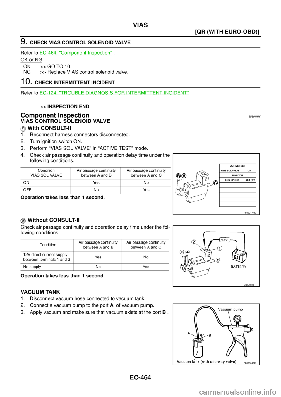 NISSAN X-TRAIL 2005  Service Repair Manual EC-464
[QR (WITH EURO-OBD)]
VIAS
 
9. CHECK VIAS CONTROL SOLENOID VALVE
Refer to EC-464, "
Component Inspection" .
OK or NG
OK >> GO TO 10.
NG >> Replace VIAS control solenoid valve.
10. CHECK INTERMI