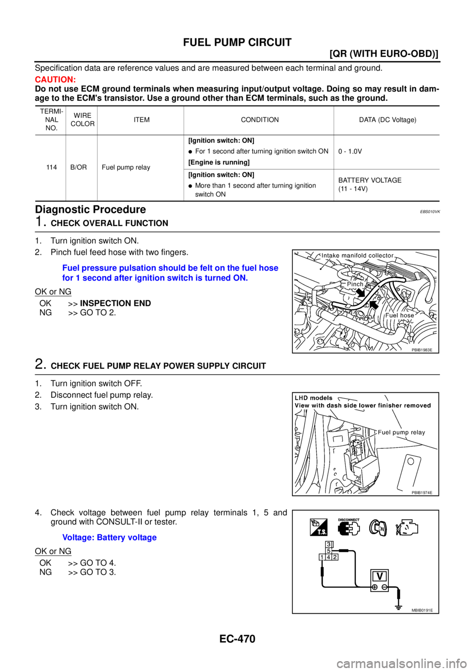 NISSAN X-TRAIL 2005  Service Repair Manual EC-470
[QR (WITH EURO-OBD)]
FUEL PUMP CIRCUIT
 
Specification data are reference values and are measured between each terminal and ground.
CAUTION:
Do not use ECM ground terminals when measuring input