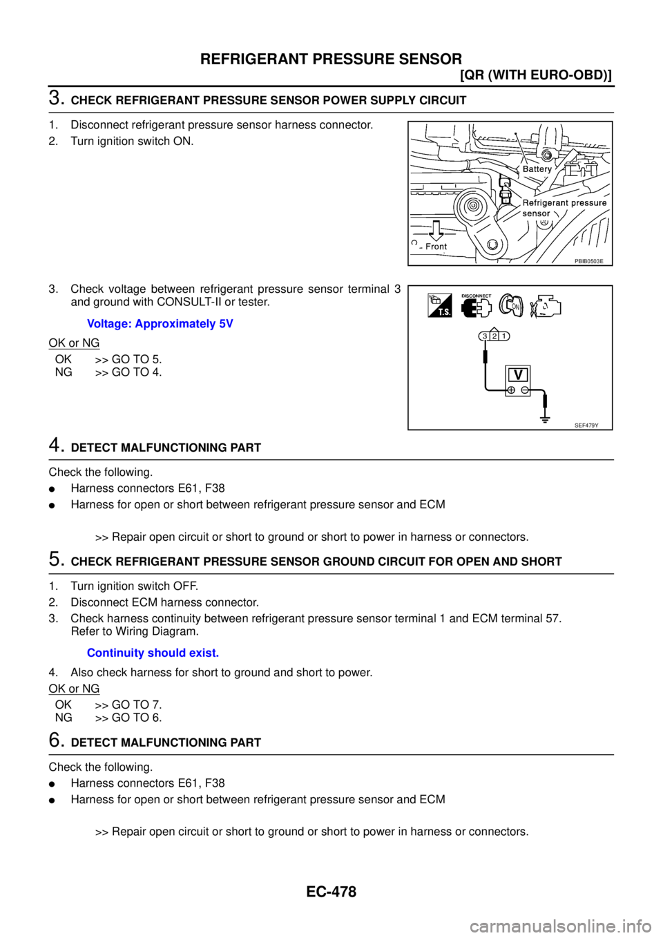 NISSAN X-TRAIL 2005  Service Repair Manual EC-478
[QR (WITH EURO-OBD)]
REFRIGERANT PRESSURE SENSOR
 
3. CHECK REFRIGERANT PRESSURE SENSOR POWER SUPPLY CIRCUIT
1. Disconnect refrigerant pressure sensor harness connector.
2. Turn ignition switch