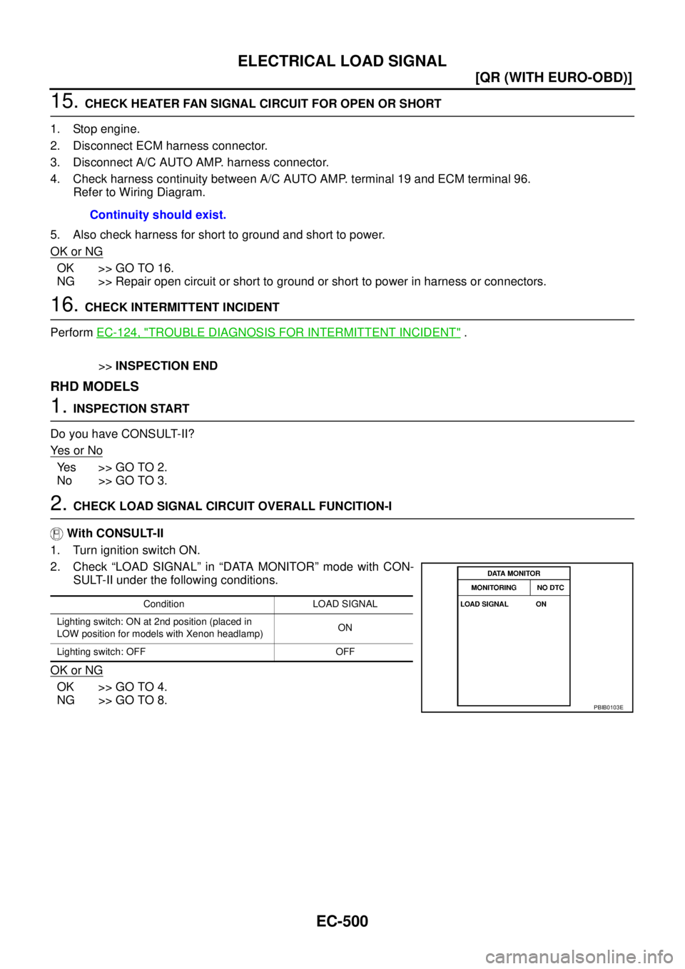 NISSAN X-TRAIL 2005  Service Repair Manual EC-500
[QR (WITH EURO-OBD)]
ELECTRICAL LOAD SIGNAL
 
15. CHECK HEATER FAN SIGNAL CIRCUIT FOR OPEN OR SHORT
1. Stop engine.
2. Disconnect ECM harness connector.
3. Disconnect A/C AUTO AMP. harness conn
