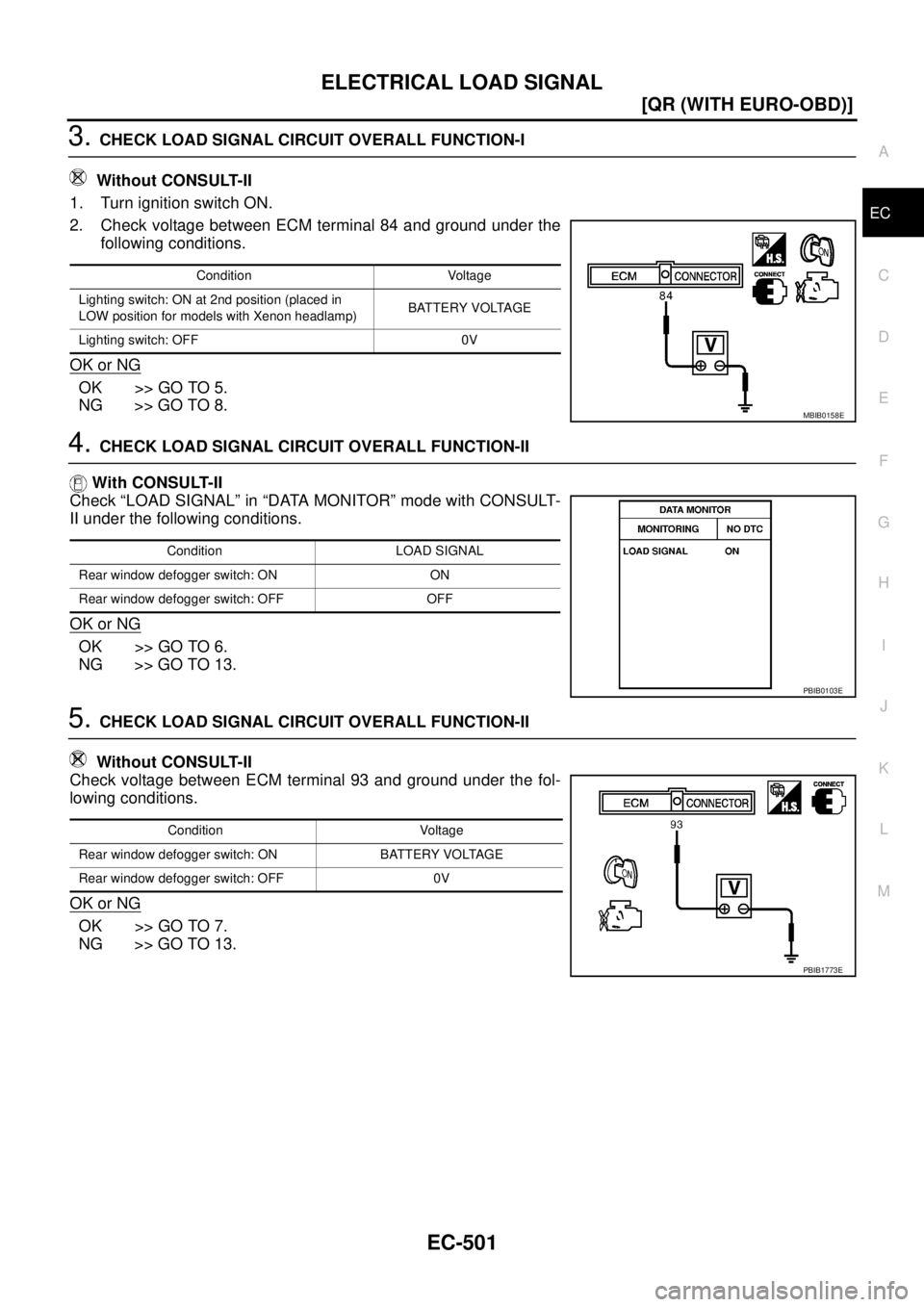 NISSAN X-TRAIL 2005  Service Repair Manual ELECTRICAL LOAD SIGNAL
EC-501
[QR (WITH EURO-OBD)]
C
D
E
F
G
H
I
J
K
L
MA
EC
 
3. CHECK LOAD SIGNAL CIRCUIT OVERALL FUNCTION-I
 Without CONSULT-II
1. Turn ignition switch ON.
2. Check voltage between 