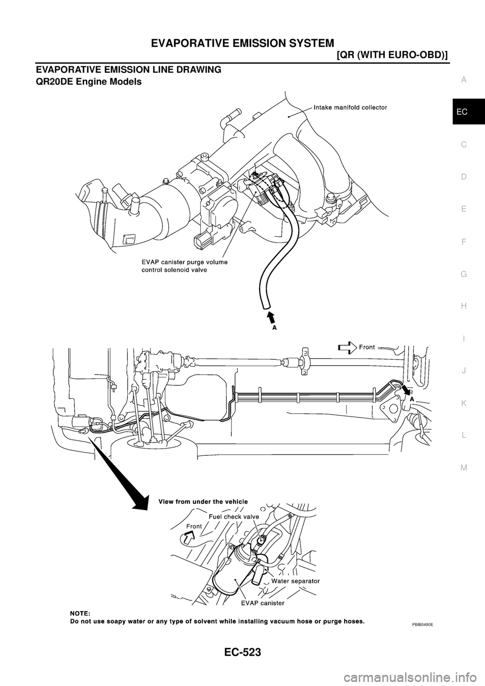 NISSAN X-TRAIL 2005  Service Repair Manual EVAPORATIVE EMISSION SYSTEM
EC-523
[QR (WITH EURO-OBD)]
C
D
E
F
G
H
I
J
K
L
MA
EC
 
EVAPORATIVE EMISSION LINE DRAWING
QR20DE Engine Models
PBIB0490E 