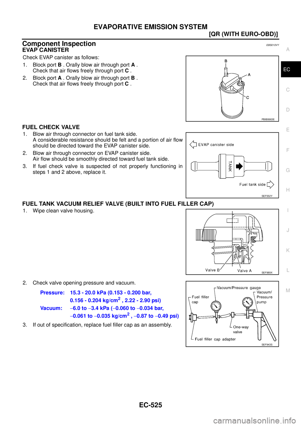 NISSAN X-TRAIL 2005  Service Repair Manual EVAPORATIVE EMISSION SYSTEM
EC-525
[QR (WITH EURO-OBD)]
C
D
E
F
G
H
I
J
K
L
MA
EC
 
Component InspectionEBS010VY
EVAP CANISTER
Check EVAP canister as follows:
1. Block port B . Orally blow air through