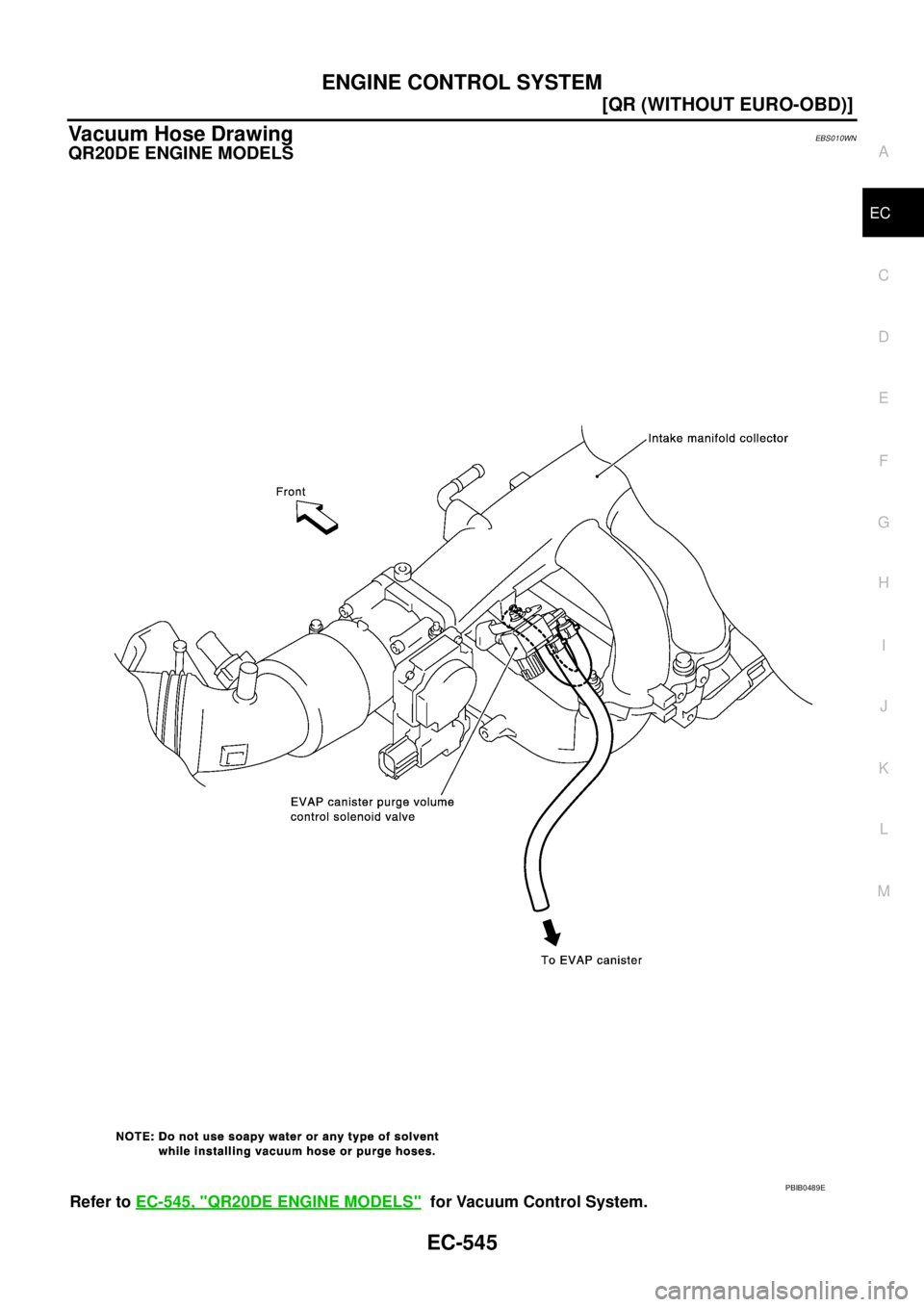 NISSAN X-TRAIL 2005  Service Repair Manual ENGINE CONTROL SYSTEM
EC-545
[QR (WITHOUT EURO-OBD)]
C
D
E
F
G
H
I
J
K
L
MA
EC
 
Vacuum Hose DrawingEBS010WN
QR20DE ENGINE MODELS
Refer to EC-545, "QR20DE ENGINE MODELS"  for Vacuum Control System.
PB