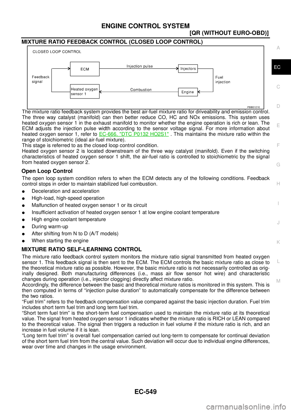 NISSAN X-TRAIL 2005  Service Repair Manual ENGINE CONTROL SYSTEM
EC-549
[QR (WITHOUT EURO-OBD)]
C
D
E
F
G
H
I
J
K
L
MA
EC
 
MIXTURE RATIO FEEDBACK CONTROL (CLOSED LOOP CONTROL)
The mixture ratio feedback system provides the best air-fuel mixtu