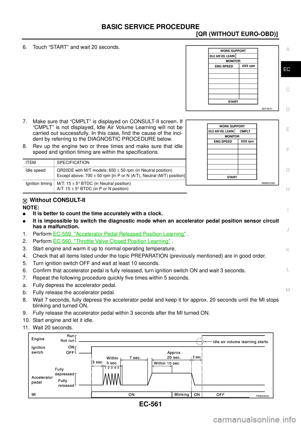 NISSAN X-TRAIL 2005  Service Repair Manual BASIC SERVICE PROCEDURE
EC-561
[QR (WITHOUT EURO-OBD)]
C
D
E
F
G
H
I
J
K
L
MA
EC
 
6. Touch “START” and wait 20 seconds.
7. Make sure that “CMPLT” is displayed on CONSULT-II screen. If
“CMPL