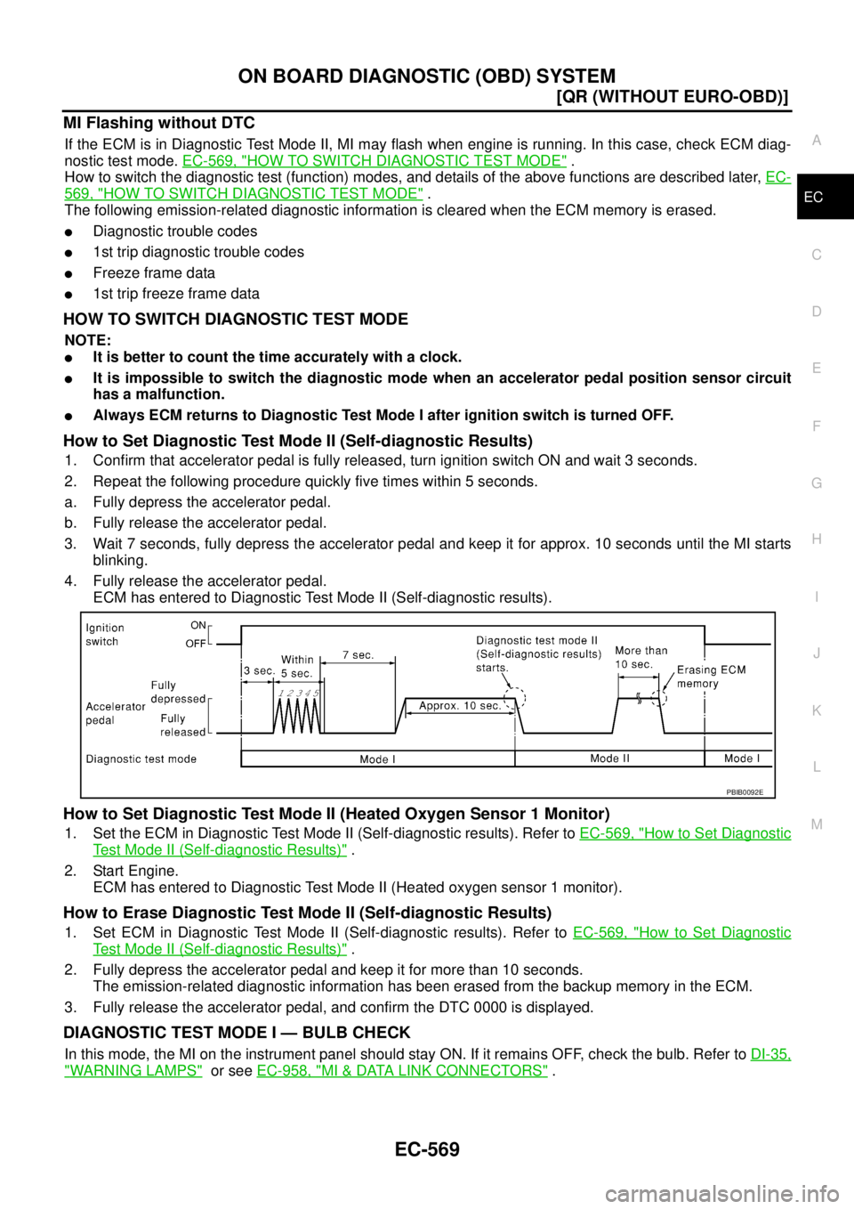 NISSAN X-TRAIL 2005  Service Repair Manual ON BOARD DIAGNOSTIC (OBD) SYSTEM
EC-569
[QR (WITHOUT EURO-OBD)]
C
D
E
F
G
H
I
J
K
L
MA
EC
 
MI Flashing without DTC
If the ECM is in Diagnostic Test Mode II, MI may flash when engine is running. In th