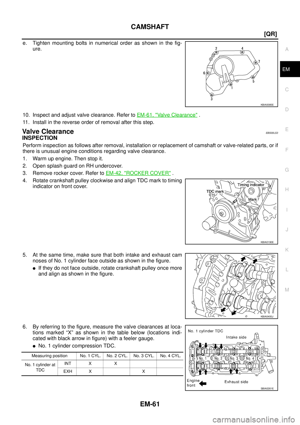 NISSAN X-TRAIL 2003  Service Repair Manual CAMSHAFT
EM-61
[QR]
C
D
E
F
G
H
I
J
K
L
MA
EM
 
e. Tighten mounting bolts in numerical order as shown in the fig-
ure.
10. Inspect and adjust valve clearance. Refer to EM-61, "
Valve Clearance" .
11. 