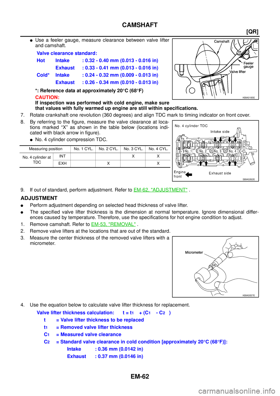 NISSAN X-TRAIL 2003  Service Repair Manual EM-62
[QR]
CAMSHAFT
 
Use a feeler gauge, measure clearance between valve lifter
and camshaft. 
*: Reference data at approximately 20°C (68°F)
CAUTION:
If inspection was performed with cold engine,
