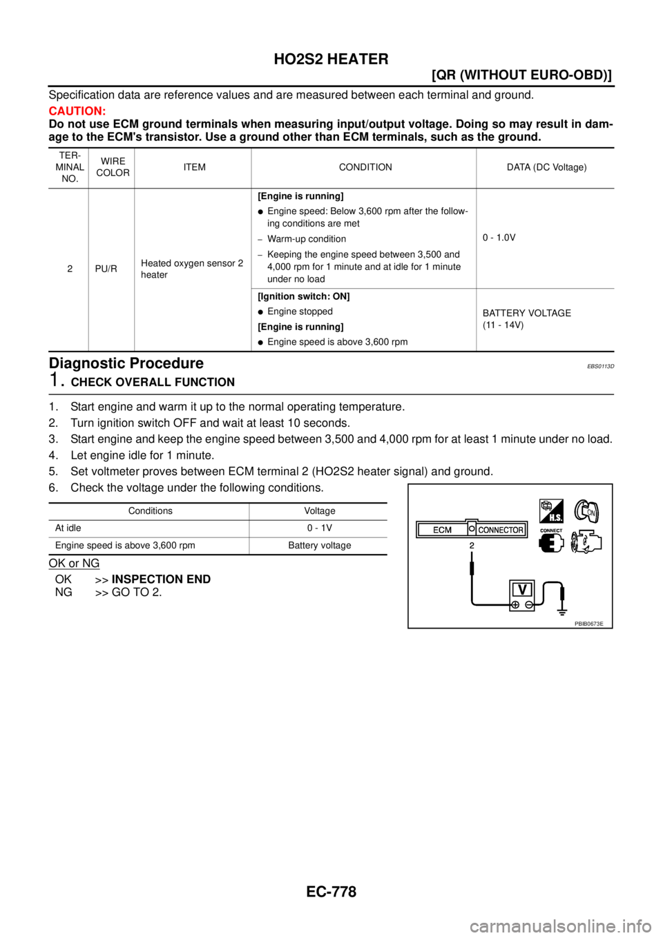 NISSAN X-TRAIL 2003  Service Repair Manual EC-778
[QR (WITHOUT EURO-OBD)]
HO2S2 HEATER
 
Specification data are reference values and are measured between each terminal and ground.
CAUTION:
Do not use ECM ground terminals when measuring input/o
