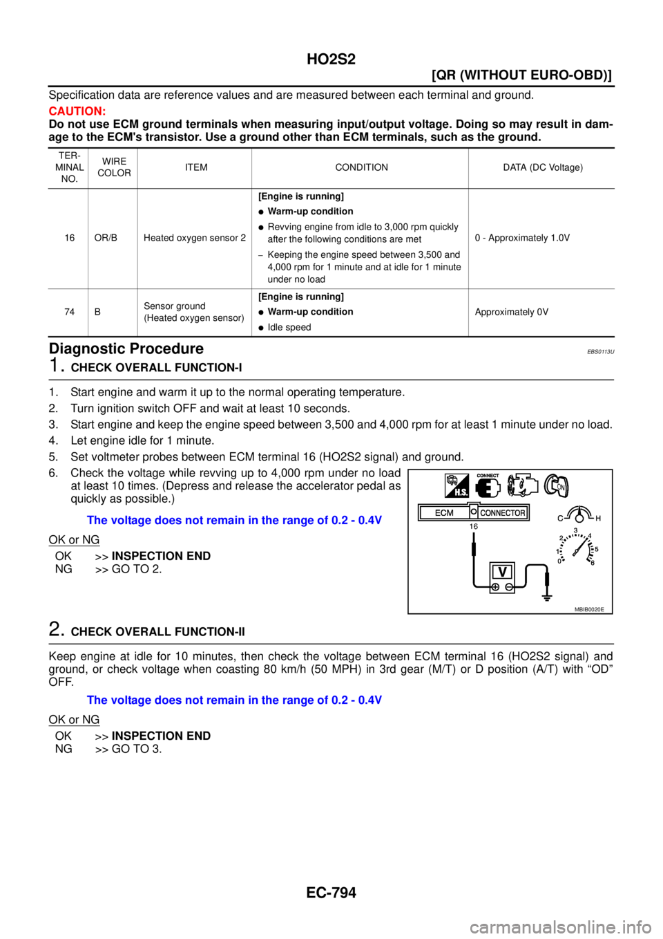 NISSAN X-TRAIL 2003  Service Repair Manual EC-794
[QR (WITHOUT EURO-OBD)]
HO2S2
 
Specification data are reference values and are measured between each terminal and ground.
CAUTION:
Do not use ECM ground terminals when measuring input/output v