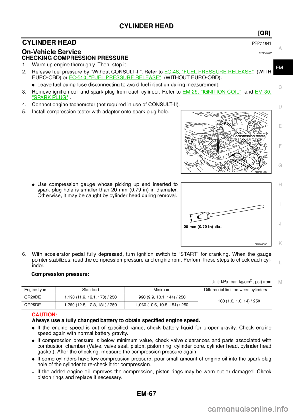 NISSAN X-TRAIL 2003  Service Repair Manual CYLINDER HEAD
EM-67
[QR]
C
D
E
F
G
H
I
J
K
L
MA
EM
 
CYLINDER HEADPFP:11041
On-Vehicle ServiceEBS00KNP
CHECKING COMPRESSION PRESSURE
1. Warm up engine thoroughly. Then, stop it.
2. Release fuel pressu