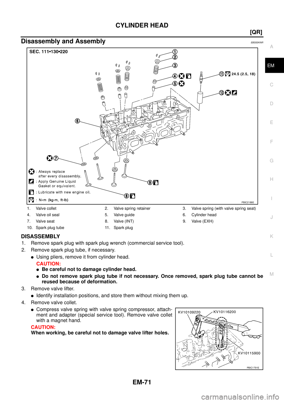 NISSAN X-TRAIL 2003  Service Repair Manual CYLINDER HEAD
EM-71
[QR]
C
D
E
F
G
H
I
J
K
L
MA
EM
 
Disassembly and AssemblyEBS00KNR
DISASSEMBLY
1. Remove spark plug with spark plug wrench (commercial service tool).
2. Remove spark plug tube, if n