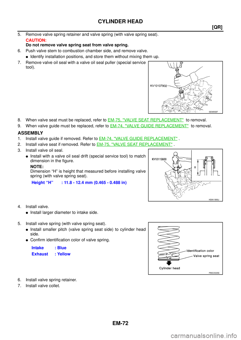 NISSAN X-TRAIL 2003  Service Repair Manual EM-72
[QR]
CYLINDER HEAD
 
5. Remove valve spring retainer and valve spring (with valve spring seat).
CAUTION:
Do not remove valve spring seat from valve spring.
6. Push valve stem to combustion chamb